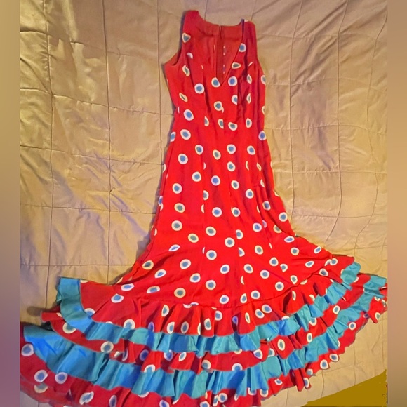 Red and Blue Flamenco Dress Handmade in Spain - zipper back, v-neck, sleeveless - Picture 4 of 16